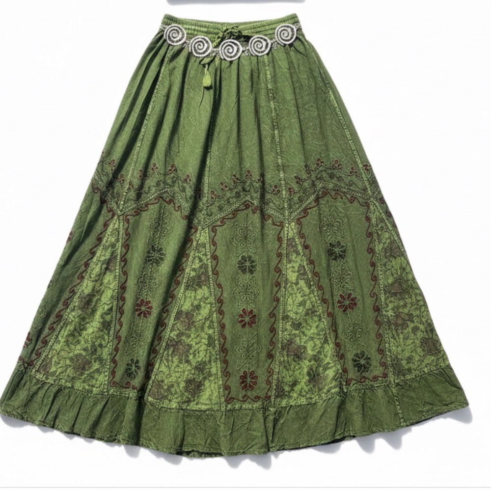 Chic Olive Maxi Skirt with Floral Accents - Picture 8 of 12